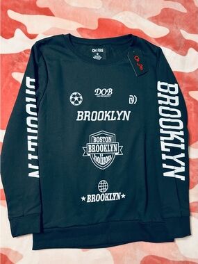 On Fire Black Sweatshirt with White Brooklyn Graphics